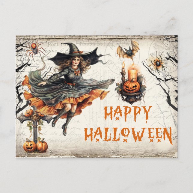 Postal Graciosa retro Halloween espeluznante bruja mala (Anverso)