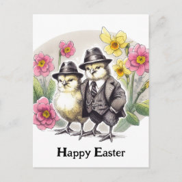 Postal Graciosas chichas de Pascua de época con flores am