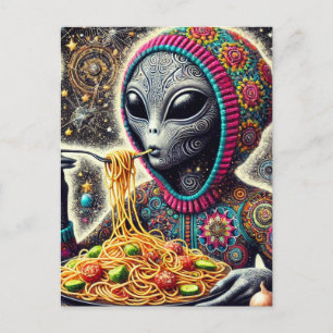 Postal Gracioso Alien comiendo Spaghetti
