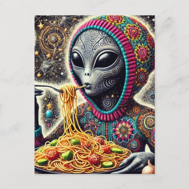 Postal Gracioso Alien comiendo Spaghetti (Anverso)