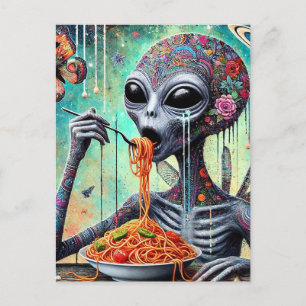 Postal Gracioso Alien comiendo Spaghetti Collage