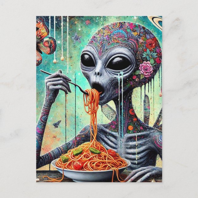 Postal Gracioso Alien comiendo Spaghetti Collage (Anverso)