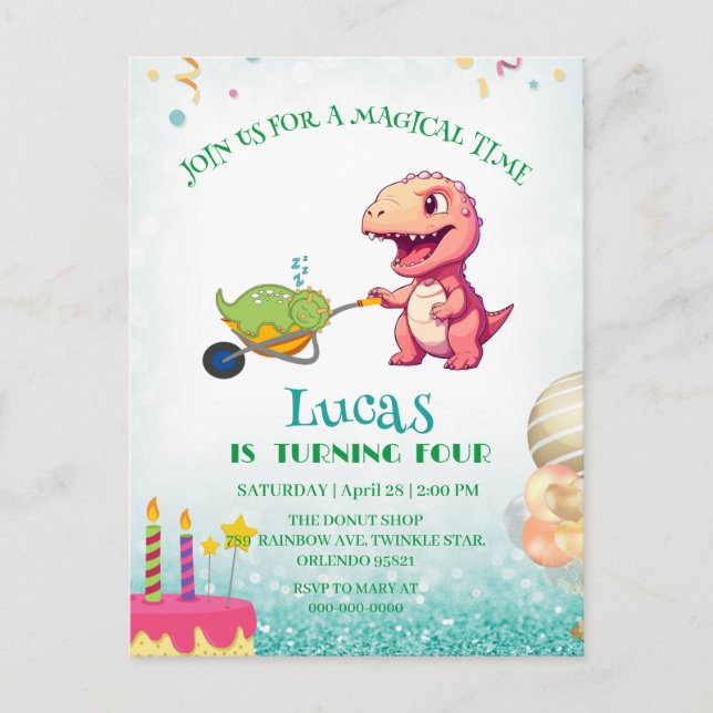 Postal Gracioso carrito de paja de dinosaurio Niños de cu (Anverso)