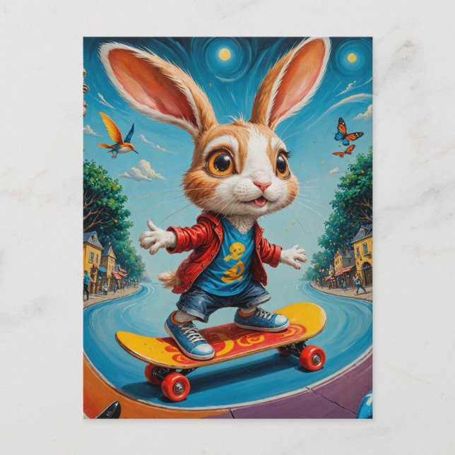 Postal Gracioso Conejo de Skateboarding Adorable (Anverso)