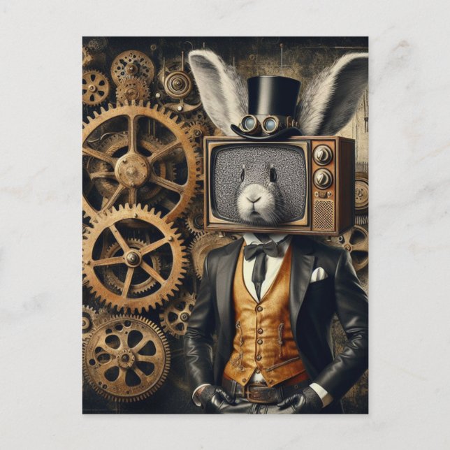 Postal Gracioso Conejo Steampunk Con Cabeza De TV (Anverso)