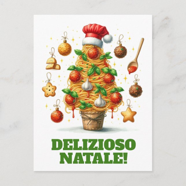 Postal Gracioso Espagueti Árbol de Navidad Delizioso Nata (Anverso)