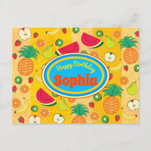 Postal Gracioso feliz cumpleaños colorido fruta etiqueta