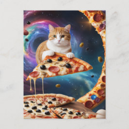 Postal Gracioso gato de pizza en el espacio