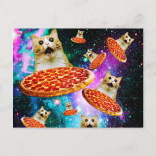 Postal Gracioso gato de pizza espacial