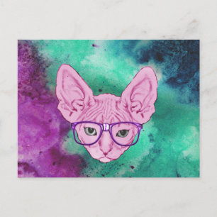 Postal Gracioso gato geeky sobre fondo acuarela