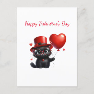 Postal Gracioso gato negro con El día de San Valentín de 