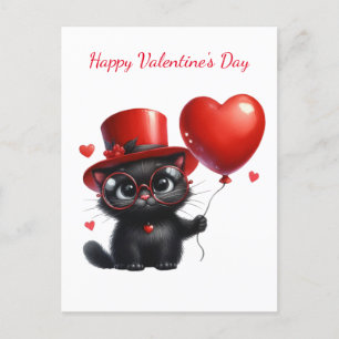 Postal Gracioso gato negro con El día de San Valentín de