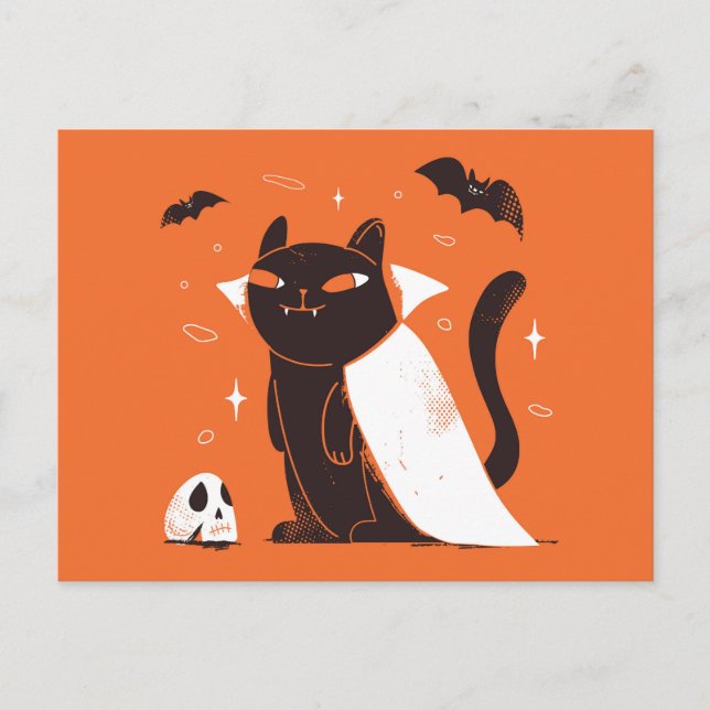 Postal Gracioso gato negro de vampiro para Halloween (Anverso)