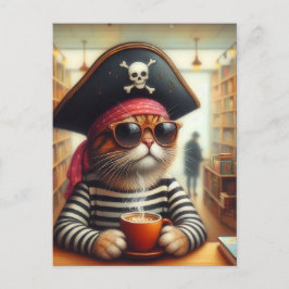 Postal Gracioso Gato Pirata De Arte AI Con Café En La Lib