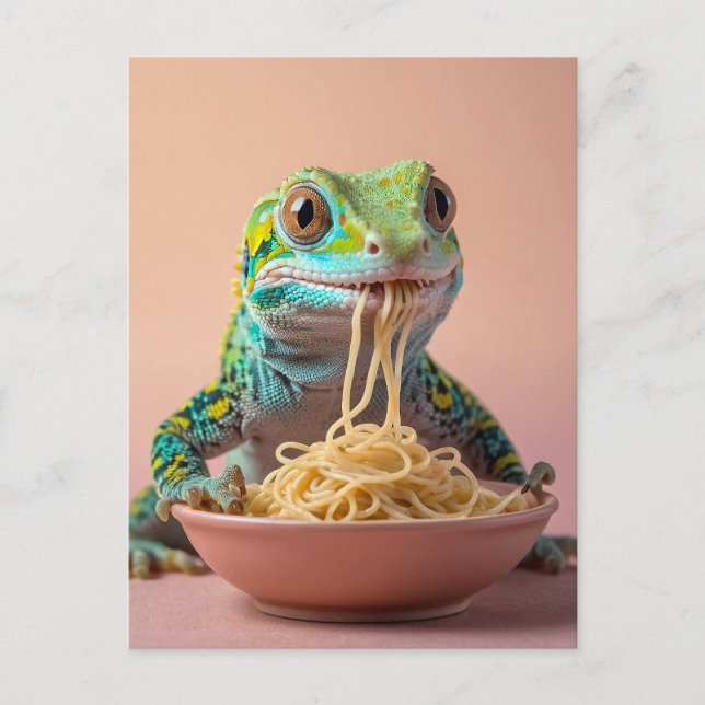 Postal Gracioso Gecko comiendo Spaghetti (Anverso)