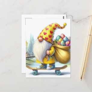 Postal Gracioso Gnome de Pascua con huevos de Pascua