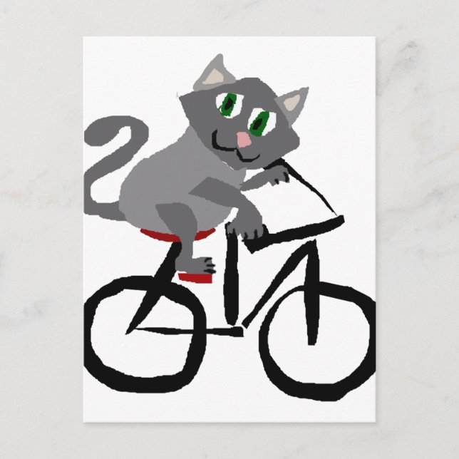 Postal Gracioso Gray Kitty Cat Montando Bicicleta (Anverso)