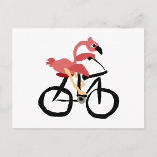 Postal Gracioso pájaro rosa Flamingo en bicicleta