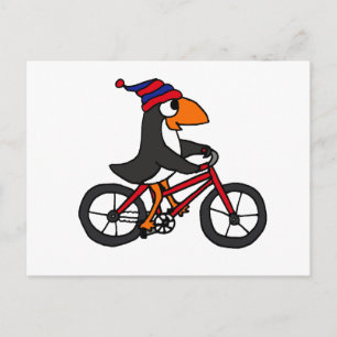 Postal Gracioso pingüino en bicicleta roja