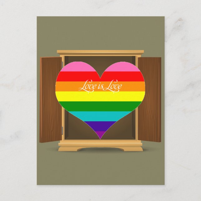 Postal Gracioso Rainbow Heart LGBT saliendo del armario (Anverso)