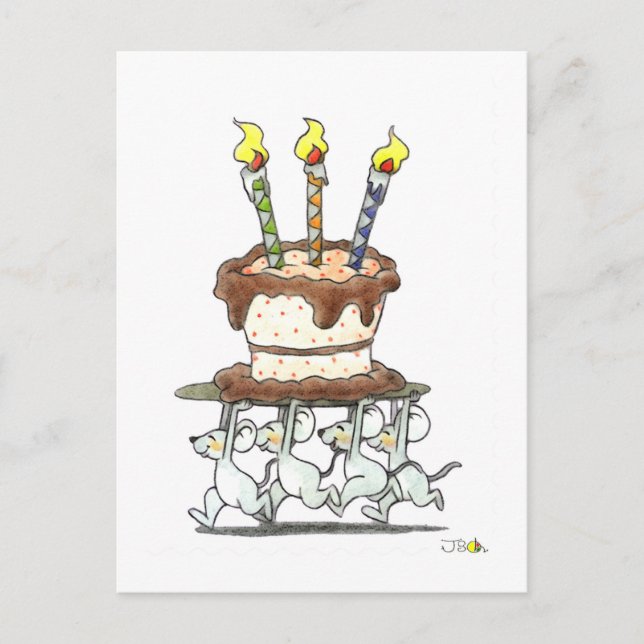 Postal Gracioso saludo de cumpleaños de ratones y pastele (Anverso)