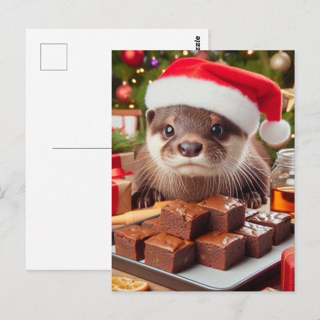 Postal Gracioso Santa Otter con brownies para Navidades (Anverso / Reverso)