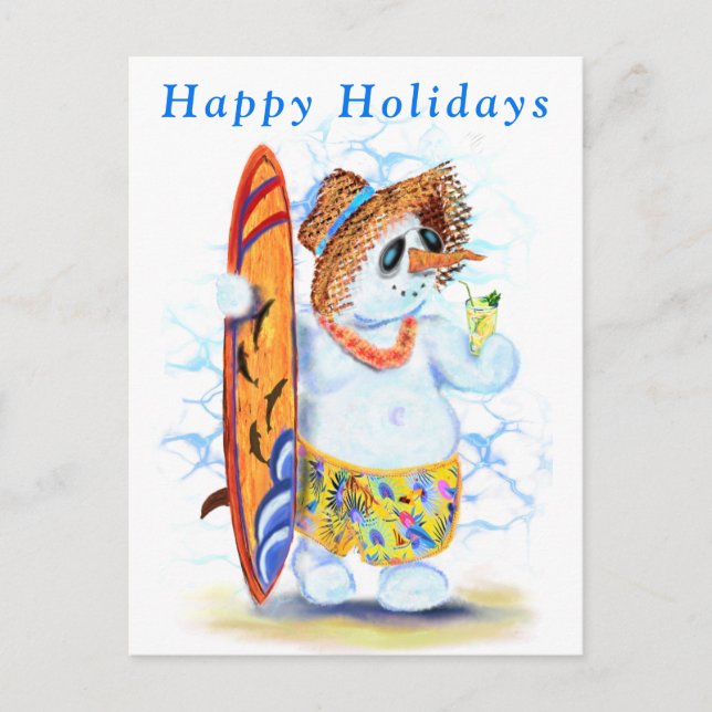 Postal Gracioso Snowman Surfer Feliz Feriado (Anverso)