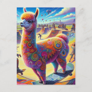 Postal Gracioso Surreal Llama Skateboarding