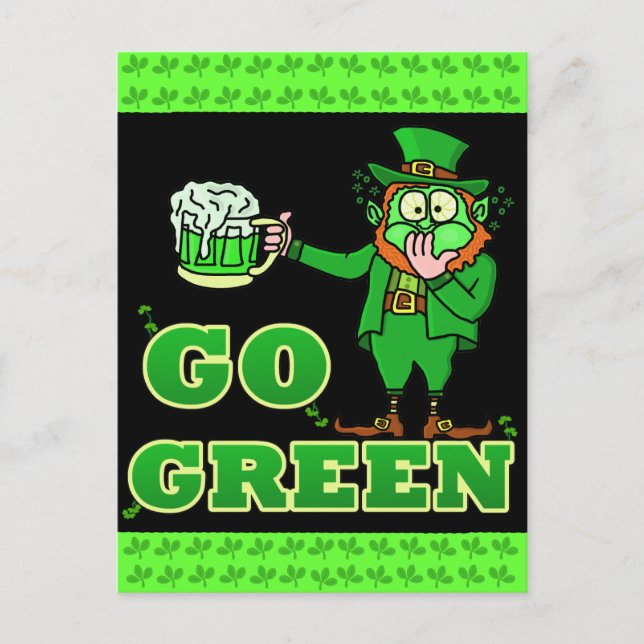 Postal Gracioso "Vamos Verde" Bebiendo Leprechaun (Anverso)