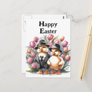 Postal Graciosos bollos de Pascua de época en un tulipán 