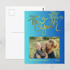 Postal Gradiente azul de la foto de Año Nuevo con Oro de