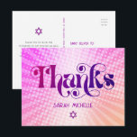 Postal Gradiente de Naranja rosa Retro de Bat Mitzvah Gra<br><div class="desc">¡Asegúrate de que tu favorito Bat Mitzvah muestre su aprecio a todos los que apoyaron su evento! Envíe esta diversión, boho retro, personalizado gracias postal. Tipografía divertida, moderna, audaz, rosa oscuro y rosa oscuro con la tipografía moderna sans serif sobre un fondo de naranja de luz pop y rayas de...</div>