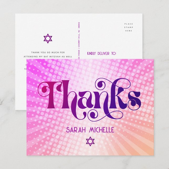 Postal Gradiente de Naranja rosa Retro de Bat Mitzvah Gra (Anverso / Reverso)