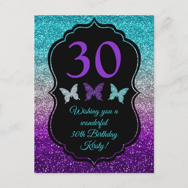 Postal Gradiente de purpurina de cumpleaños púrpura, gris (Anverso)