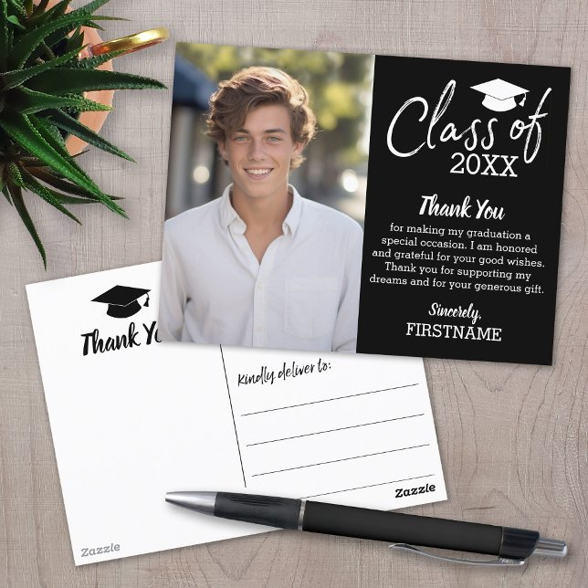 Postal Graduación Agradecimiento con Foto - Negro (Graduation Thank You Postcard)