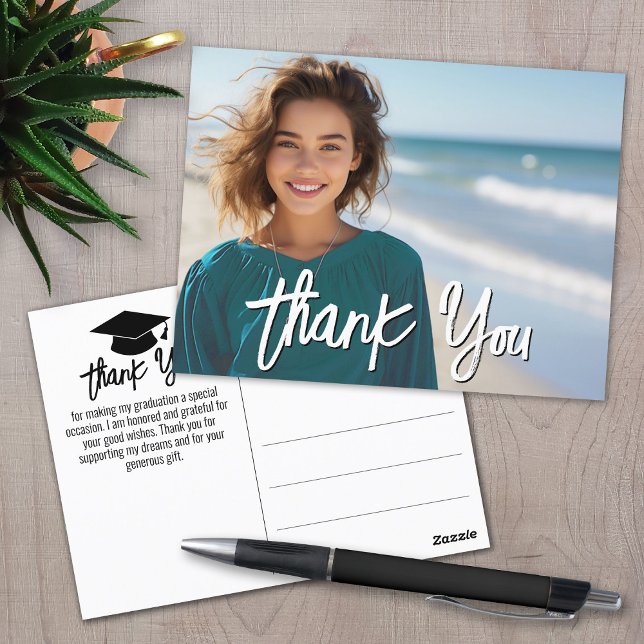 Postal Graduación Agradecimiento con Foto - Script Blanco (Graduation Thank You Postcard)