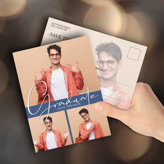 Postal Graduación azul multifoto Guardar la fecha (Subido por el creador)