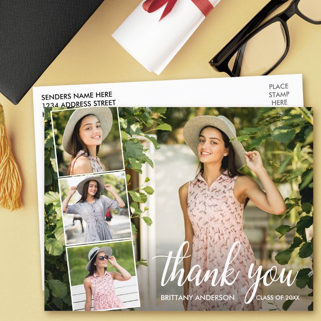 Postal Graduación Caligrafía 4 Collage de Fotos Agradecim (Customize to change your personalized text size or text style.)