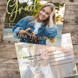 Postal Graduación Caligrafía de oro simple dos fotos