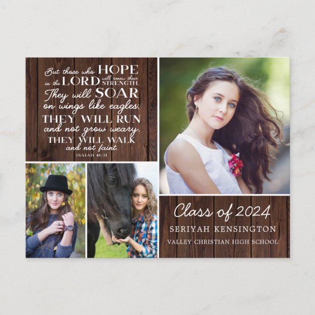 Postal Graduación Cristiana Rustic Wood Isaiah 40 (Anverso)
