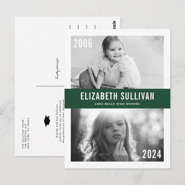 Postal Graduación de Collage de fotos verde antes y ahora (Anverso / Reverso)