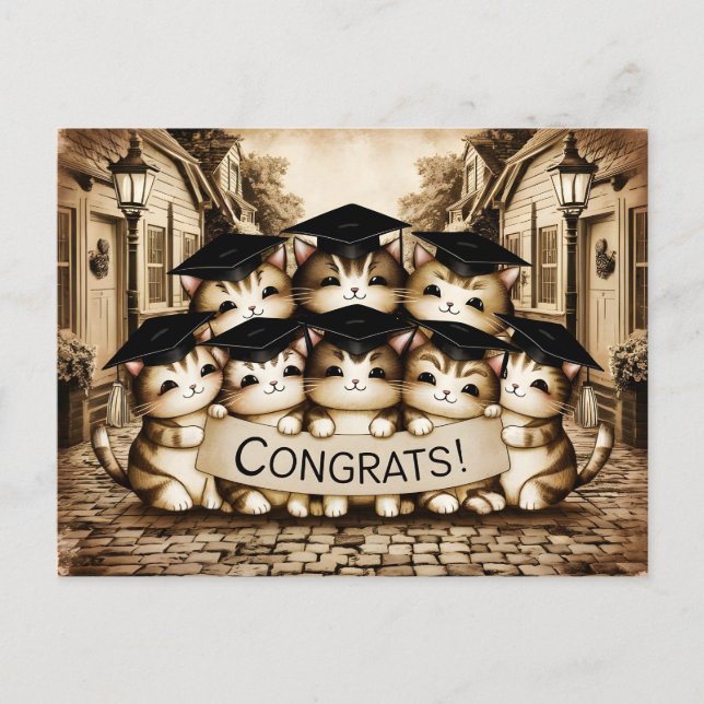 Postal Graduación de felicitaciones gatos vintage (Anverso)