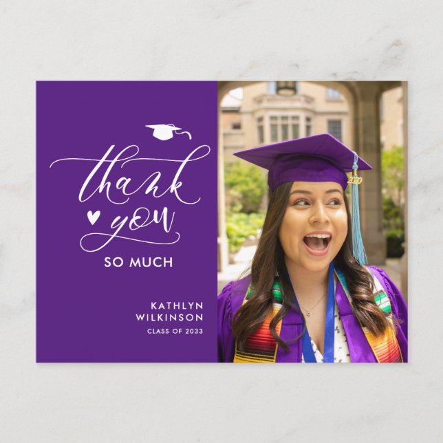 Postal Graduación de foto de guion morado elegante (Anverso)