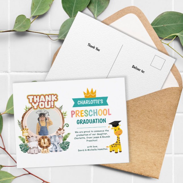 Postal Graduación de foto de preescolar animal Gracias (Animal Preschool Photo Graduation Thank You Postcard)