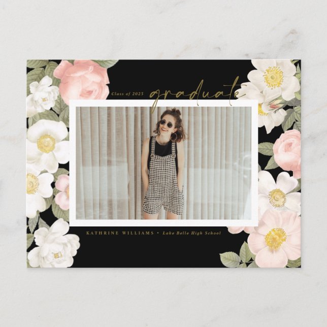 Postal Graduación de foto negra de las flores de época pa (Anverso)