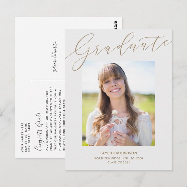 Postal Graduación de fotos de bonito Script Grey & Gold 2 (Anverso / Reverso)