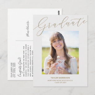 Postal Graduación de fotos de bonito Script Grey & Gold 2