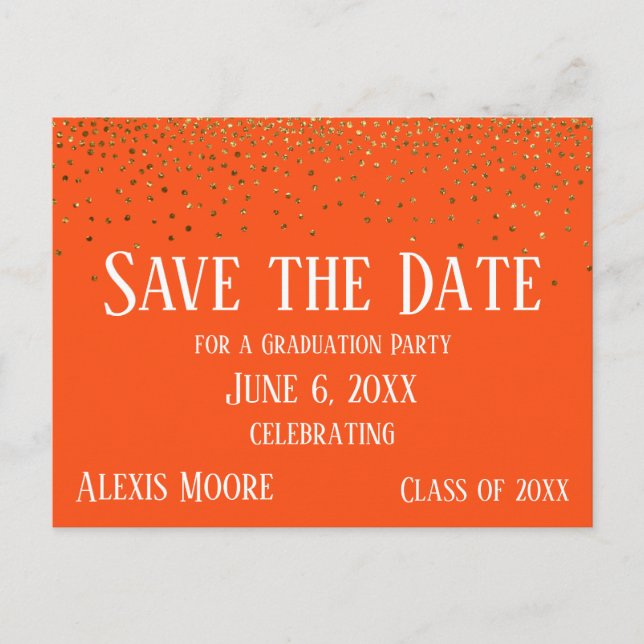 Postal Graduación de Naranja de Confetti Gold Save the Da (Anverso)