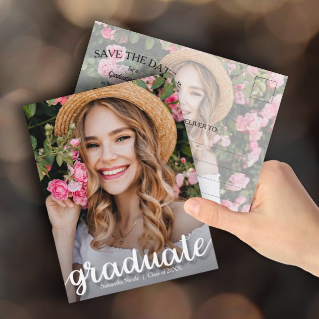 Postal Graduación Elegante de Script GUARDAR LA FECHA (Photo graduation Save the Date postcards feature your details on the back)
