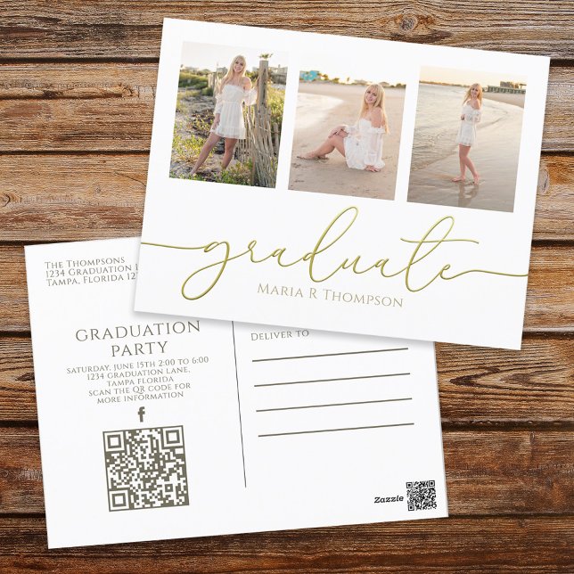 Postal Graduación Elegante Minimalista Código QR de Tres  (Minimalist three photo graduation postcard with elegant gold script typography and QR code party det)